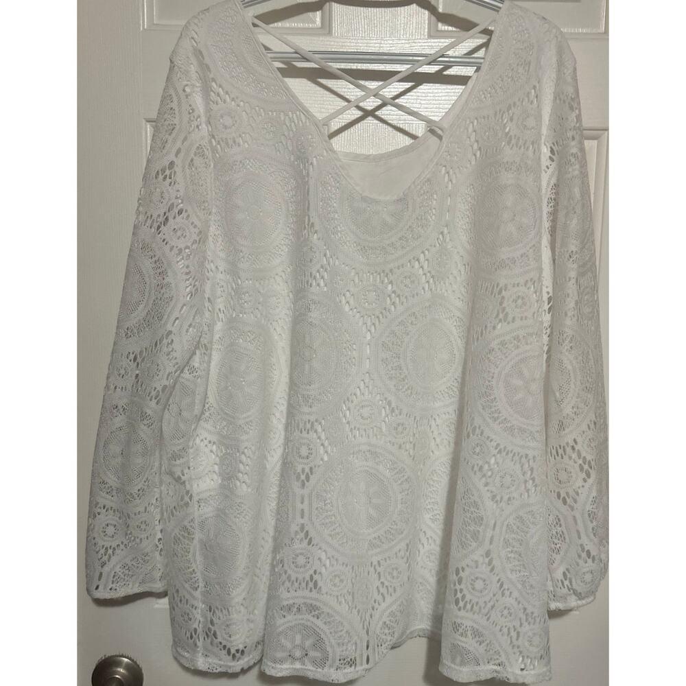 ING+ USA Women's White Long Sleeve Lace Blouse Criss Cross Back Size‎ 1X - Picture 2 of 4